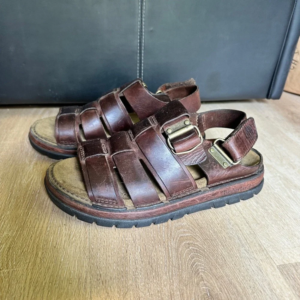 Timberland Mens Brown Leather Fisherman Sandals 8.5M 65042 Cage Strappy Buckle